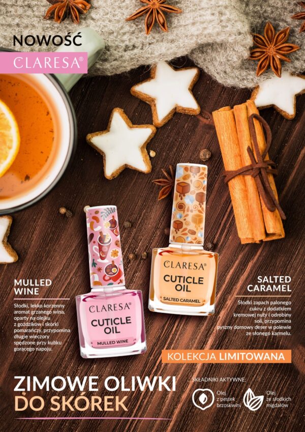 Claresa Oliwka Salted Caramel i Mulled Wine do skórek i paznokci. Manicure i pedicure hybrydowy.