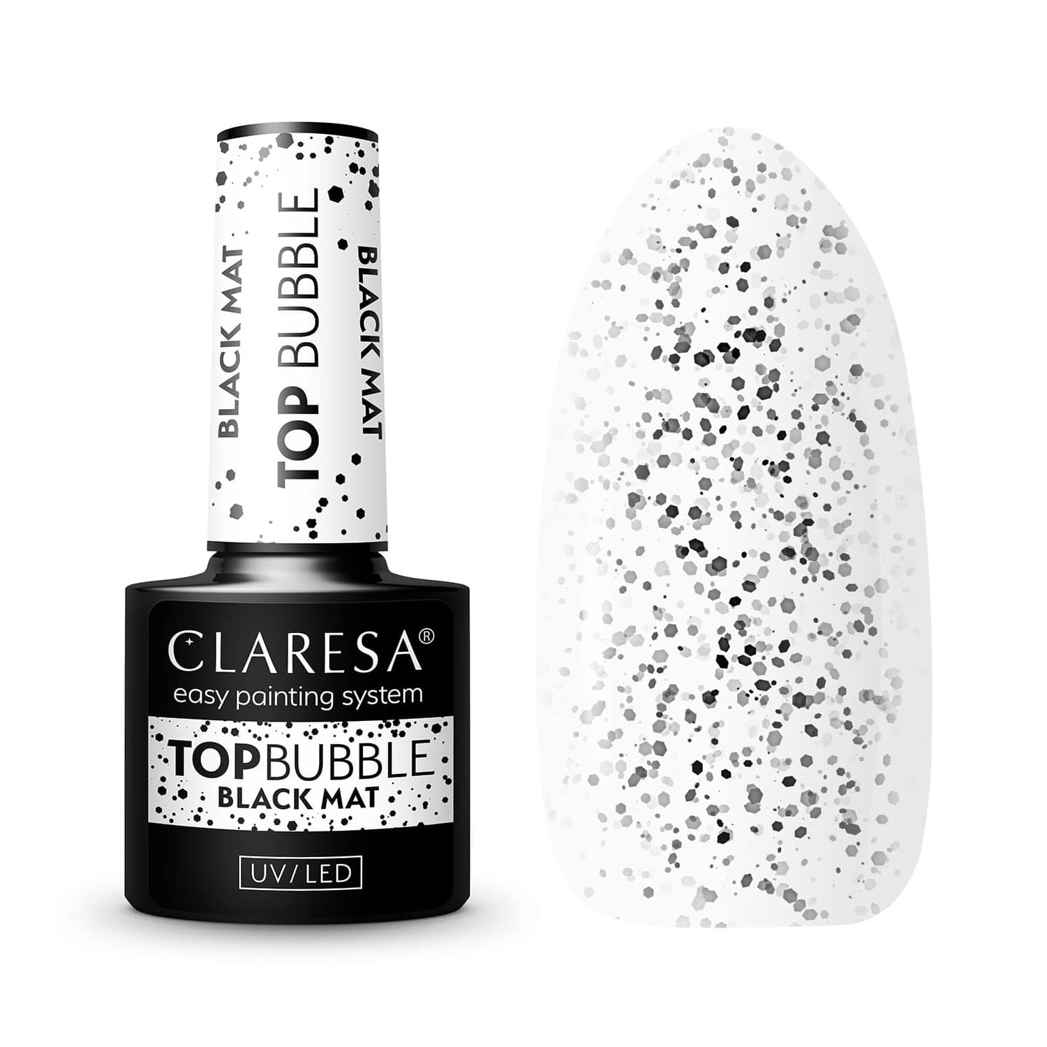 Claresa Top Bubble Black Mat Transparentny ze czarnymi drobinkami do paznokci na lakier hybrydowy. Manicure i Pedicure