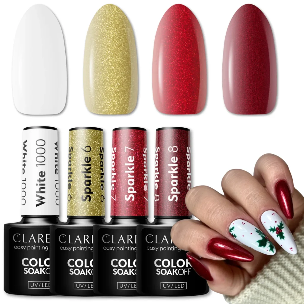 CLARESA LAKIER HYBRYDOWY ZESTAW NA ŚWIĘTA GŁĘBOKA CZERWIEŃ ZŁOTO DROBINKI
